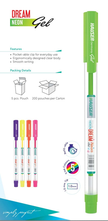 Dream Neon Gel Pen -  Hauser Germany - 5 pcs Pack